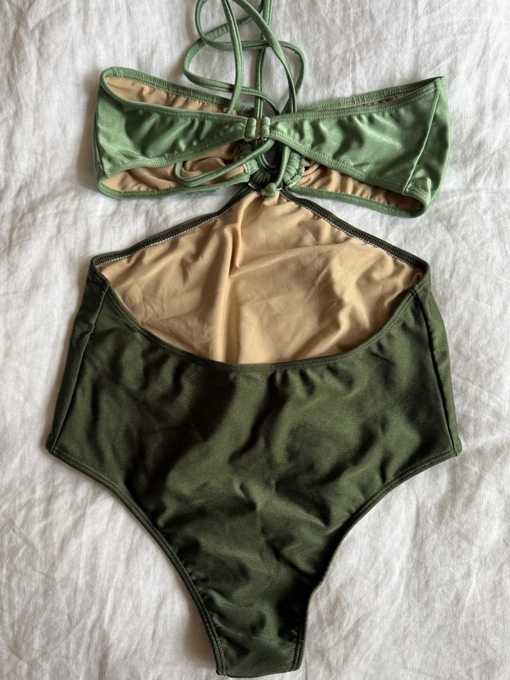 Olive Green Cutout One-Piece Swimsuit with Halter Tie